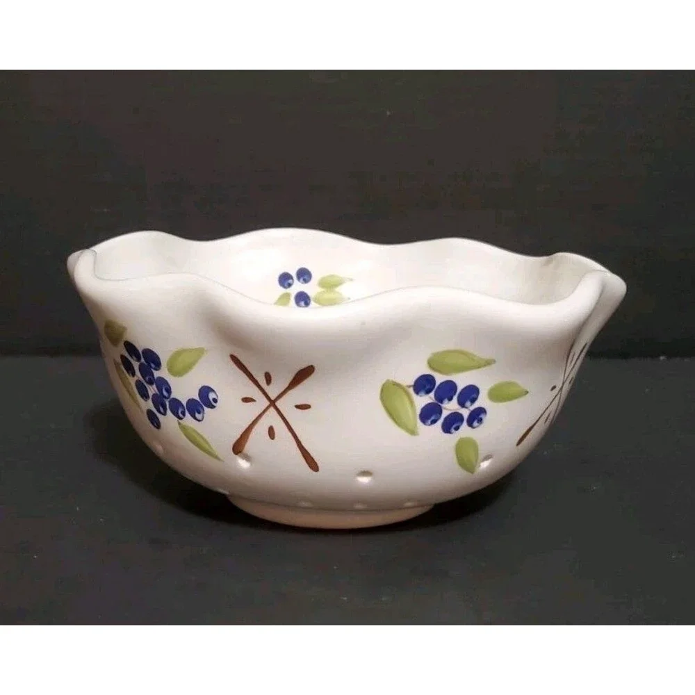Colander Scalloped Rim Bowl Hand Painted Ceramic W/ Blueberry & Leaf Design